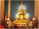 


Phra Buddha Chinnarat - In the attitude of subduing Mara, the Buddha is seated with the legs crossed, the right hand is on the right knee with the four fingers pointing to the ground, while the left hand rests in the lap. This is also known as the attitude of calling the Goddess of the Earth to witness. This is related to the time when the Lord Buddha was about to attain his enlightenment. He was attacked by Mara (a personification of evil) and his army. The Lord Buddha summoned the Goddess of the Earth to witness the attack and to save him by pointing the four fingers of the right hand to the ground. The Goddess of the Earth emerged and saved him by wringing the water of merit from her hair to drown Mara and his army. In this way Mara was subdued.
