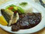 香煎和牛扒、鹽燒鯖魚配炒雜菜及飯