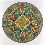 Circle Limit III 1959 woodcut, second state, in yellow, green, blue, brown and black, printed from 5 blocks