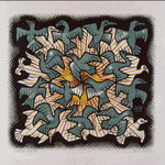 Sun and Moon 1948 woodcut in blue, red, yellow and black, printed from 4 blocks