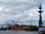 Statue of Peter the Great, 317ft. high, overlooks Moscow River. The building on the left is the Red October Chocolate Factory.