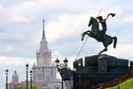 Statue of St. George in Victory Park, with MGU in the background.