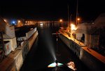 Finally! We are crossing the lock after waiting for a few hours. (from before sunset to after dark)