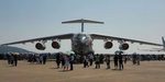 Russian made IL-76 "伊爾－76" strategic airlifter, can hold 150 soldiers or 120 paratroopers. A lot of Russian exhibition material in the air show were carried by it.