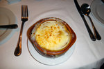 French Baked Onion Soup, with melted gruyere cheese and herbed croutons