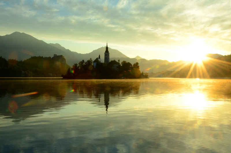 Bled lake Slovenia sunrise church