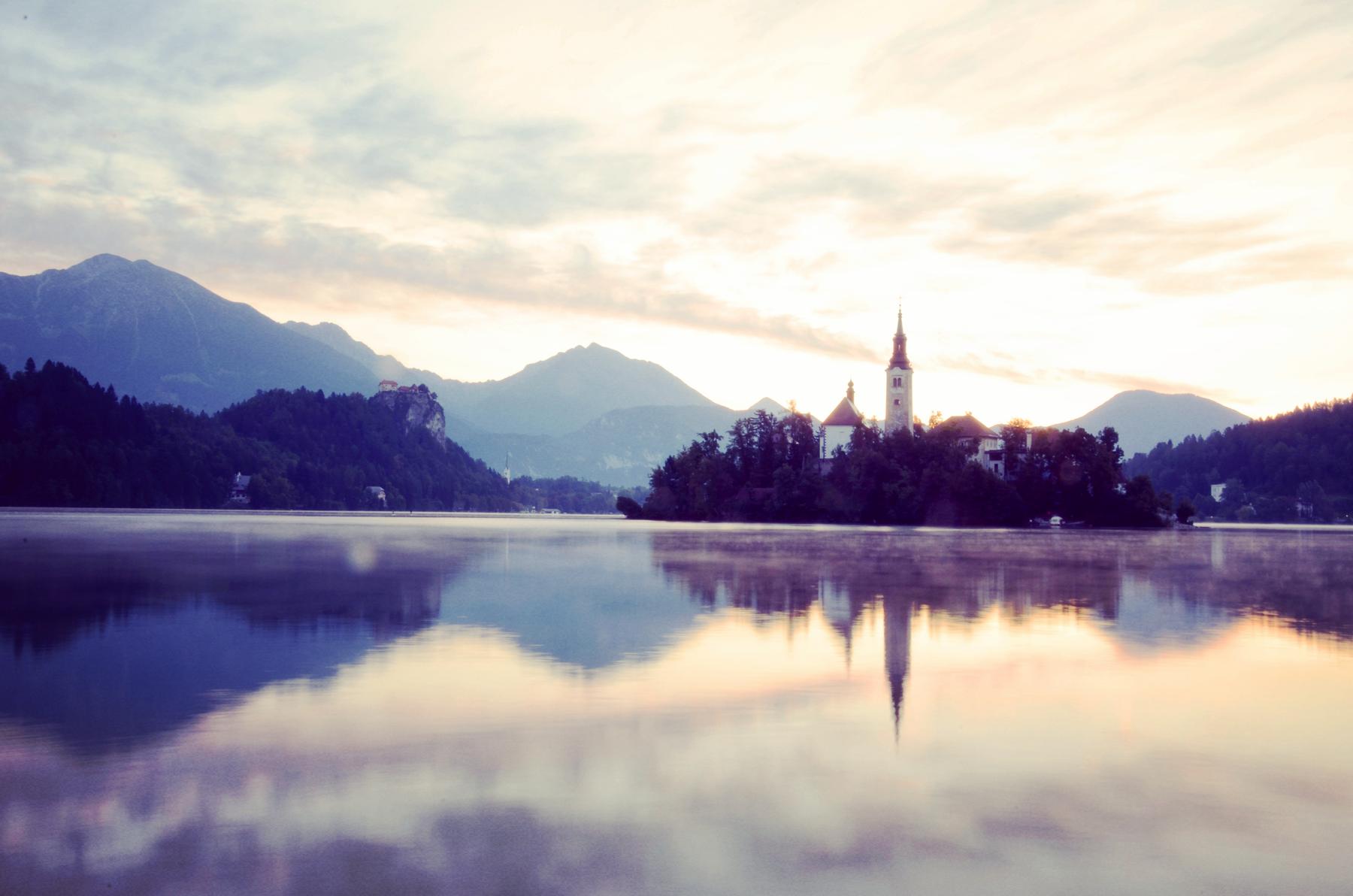 church Bled Lake Slovenia sunrise