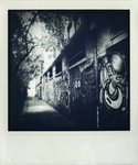 Alley with lot of Graffiti in b/w Poladroid