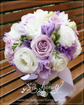 Fresh flower bouquet:  Soft purple rose, white hydrangea, soft purple freesia, white and soft purple lisianthus